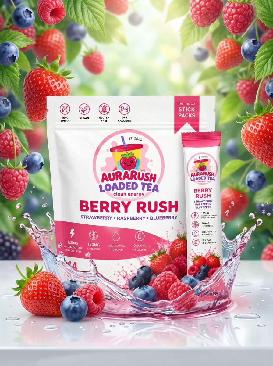 AuraRush™ Loaded Tea  Berry Rush – Естествена енергийна напитка с кофеин от зелен чай и електролити