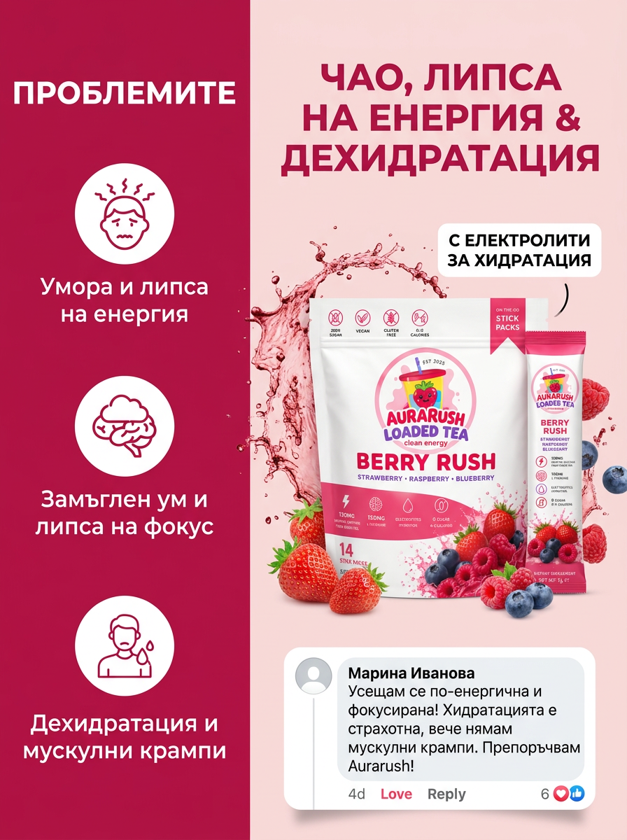 AuraRush™ Loaded Tea  Berry Rush – Естествена енергийна напитка с кофеин от зелен чай и електролити