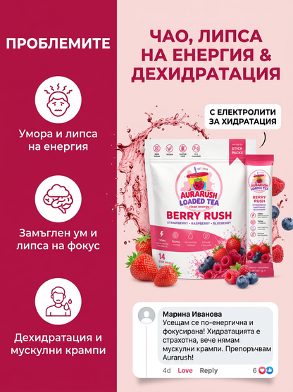AuraRush™ Loaded Tea  Berry Rush – Естествена енергийна напитка с кофеин от зелен чай и електролити