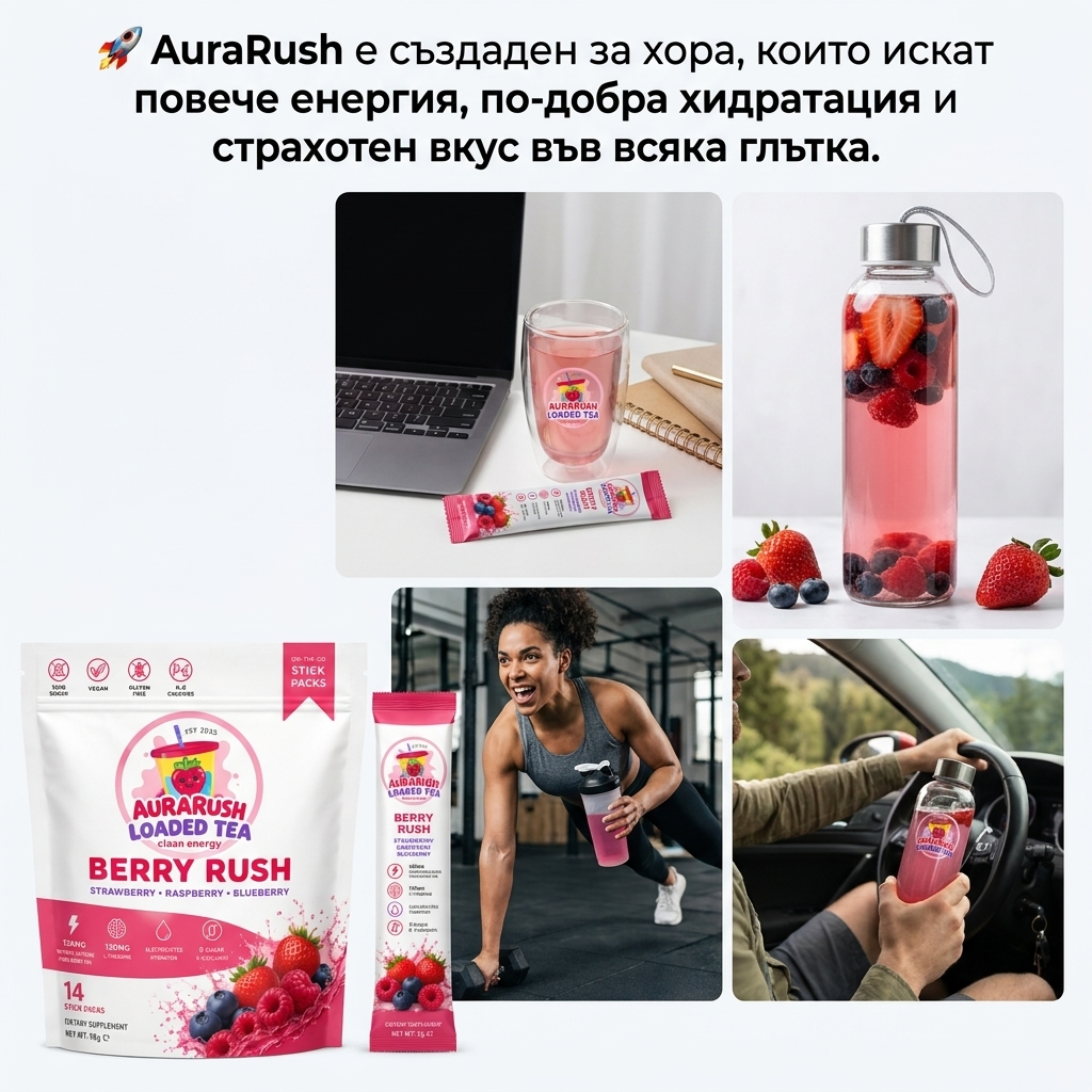 AuraRush™ Loaded Tea  Berry Rush – Естествена енергийна напитка с кофеин от зелен чай и електролити