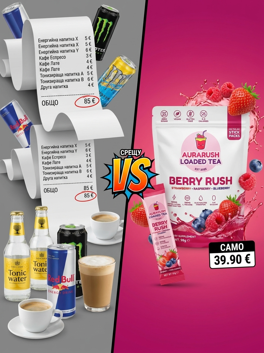 AuraRush™ Loaded Tea  Berry Rush – Естествена енергийна напитка с кофеин от зелен чай и електролити